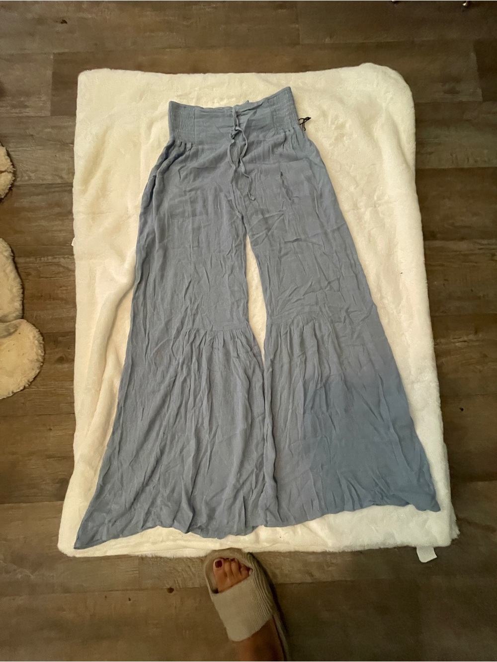 Smocked High-Waist Wide-Leg Light Blue Palazzo Pants